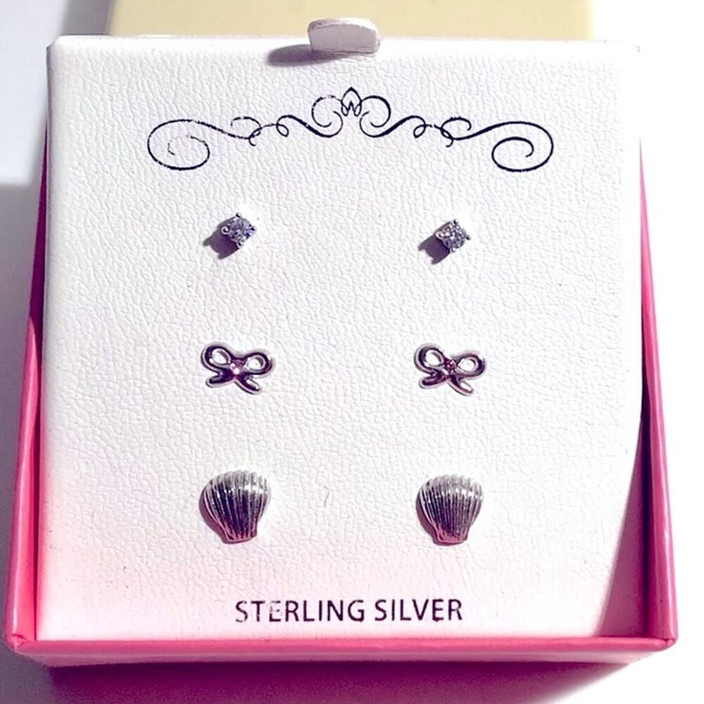 Sterling Silver Bow Earrings Set 3 Rhinestone Studs Bows Seashells Girls New Box